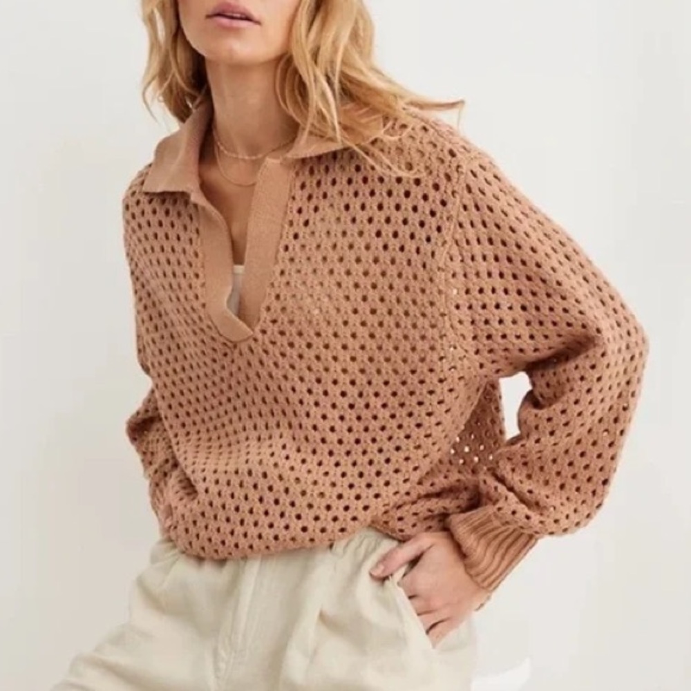 AERIE - Open Knit Polo Tunic Sweater Sz XL